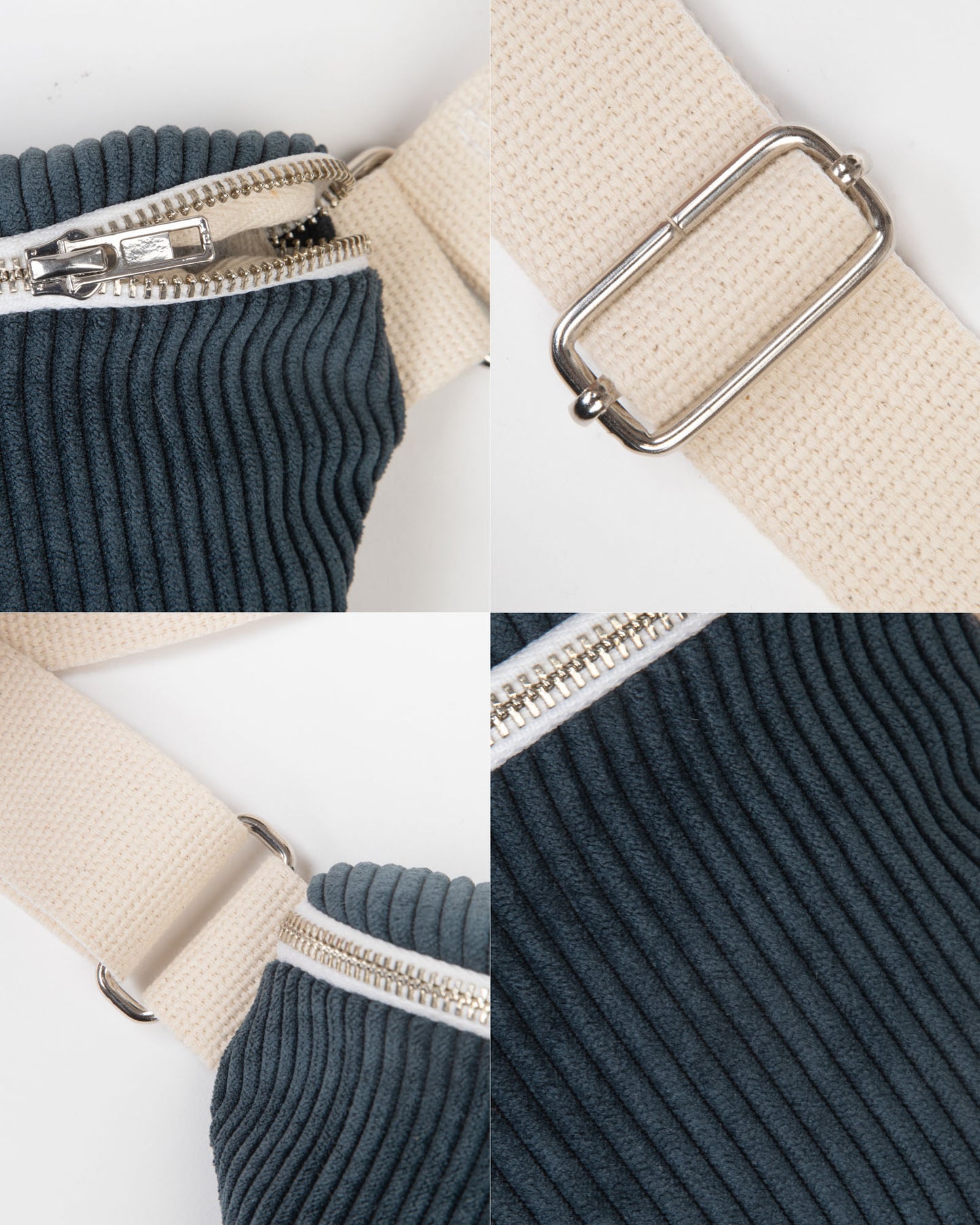 Sac Banane couleur bleu foncé (L'Astrale) Packshot - Gros plan sur la fermeture Zip et les réglages de la lanière