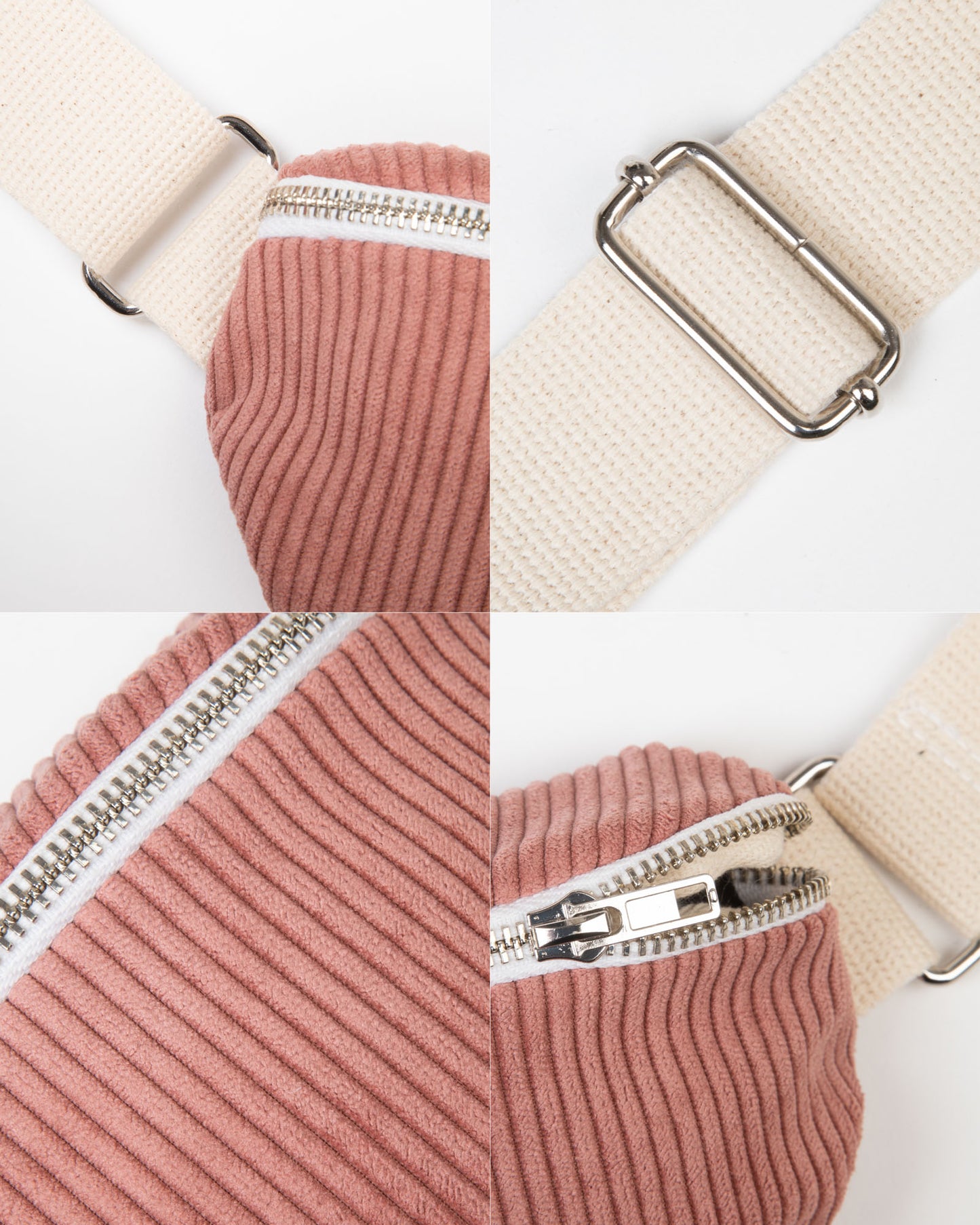 Sac Banane couleur rose clair (La Rosée) Packshot - Gros plan sur la fermeture Zip et les réglages de la lanière